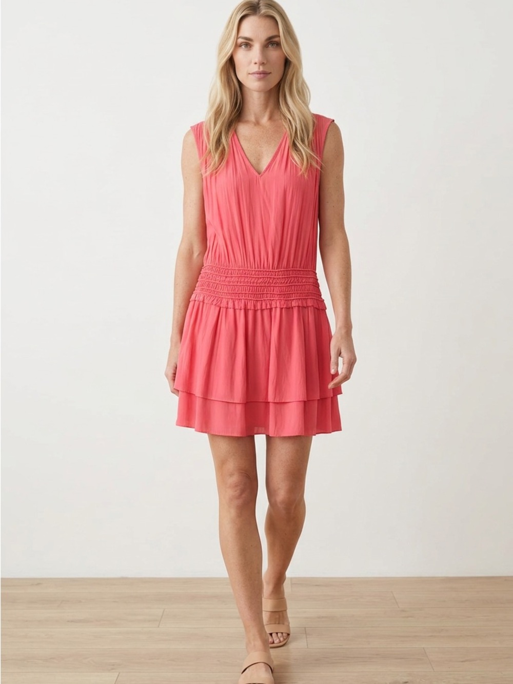 Ramy Brook Coral Pink Sleeveless V-Neck Tiered Mini Dress